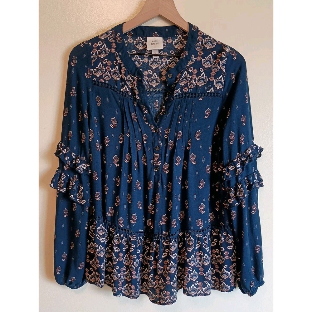 Knox Rose Blouse M Blue Floral Boho Ruffle Tiered Crochet Pintuck Top Feminine